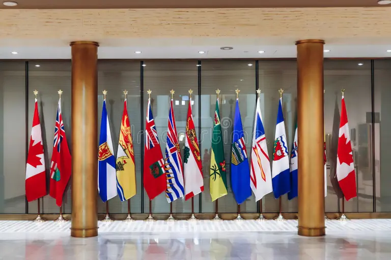 Row Canadian Provincial Territorial Flags Ottawa Canada August Displayed Golden Columns Inside Senate Building 421450838
